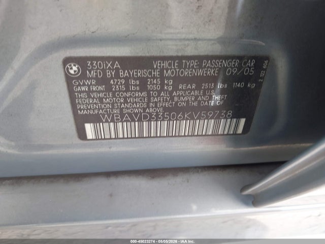 Aukcja sprzedaży 2006 Bmw 330xi, vin: WBAVD33506KV59738, numer aukcji: 45023274