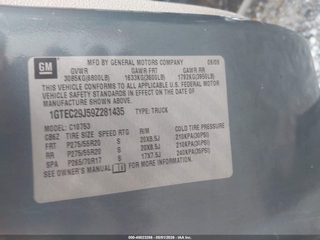 Aukcja sprzedaży 2009 Gmc Sierra 1500 Sle, vin: 1GTEC29J59Z281435, numer aukcji: 45023286