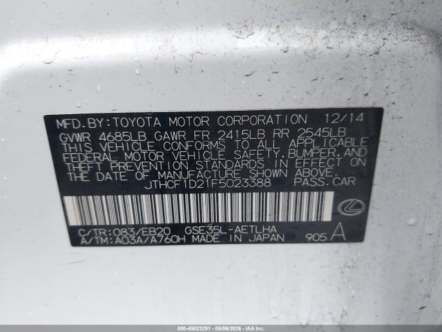Продажа на аукционе авто 2015 Lexus Is 250, vin: JTHCF1D21F5023388, номер лота: 45023291
