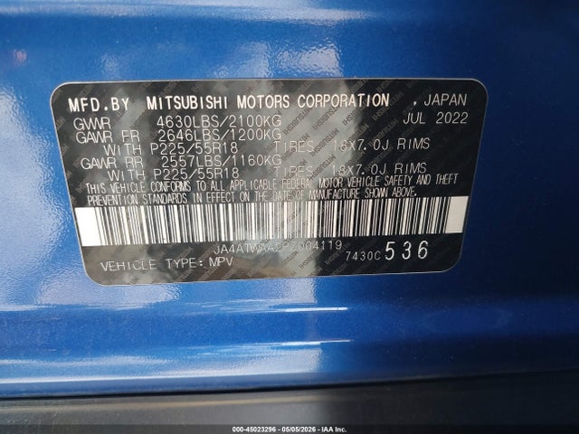 Aukcja sprzedaży 2023 Mitsubishi Eclipse Cross Se S-awc/sel S-awc, vin: JA4ATWAA2PZ004119, numer aukcji: 45023296