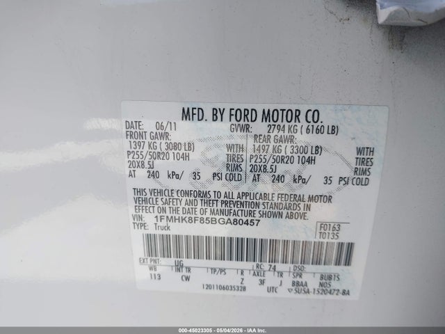 2011 Ford Explorer Limited მანქანა იყიდება აუქციონზე, vin: 1FMHK8F85BGA80457, აუქციონის ნომერი: 45023305