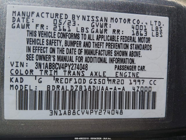 Продаж на аукціоні авто 2023 Nissan Sentra Sv Xtronic Cvt, vin: 3N1AB8CV4PY274048, номер лоту: 45023315