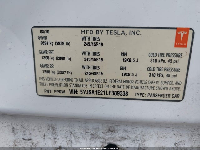 Aukcja sprzedaży 2020 Tesla Model S Long Range Dual Motor All-wheel Drive/long Range Plus Dual Motor All-wheel Drive, vin: 5YJSA1E21LF389338, numer aukcji: 45023317