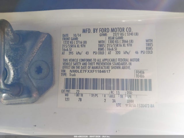 2015 Ford Transit Connect Xlt მანქანა იყიდება აუქციონზე, vin: NM0LE7FXXF1184617, აუქციონის ნომერი: 45023326