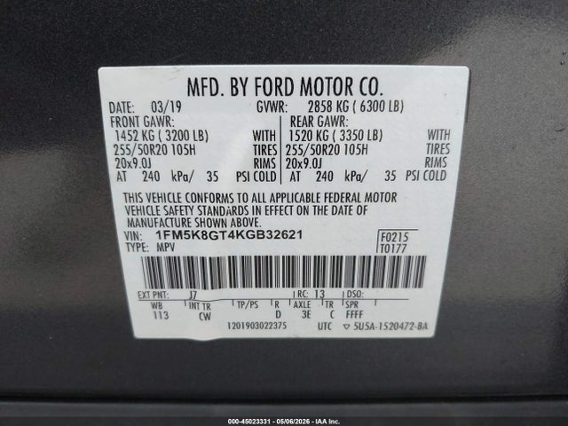 Auction sale of the 2019 Ford Explorer Sport, vin: 1FM5K8GT4KGB32621, lot number: 45023331