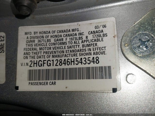 Продаж на аукціоні авто 2006 Honda Civic Ex, vin: 2HGFG12846H543548, номер лоту: 45023333