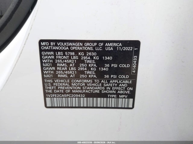 2023 Volkswagen Atlas Cross Sport 3.6l V6 Sel Premium R-line მანქანა იყიდება აუქციონზე, vin: 1V2FE2CA5PC209432, აუქციონის ნომერი: 45023336