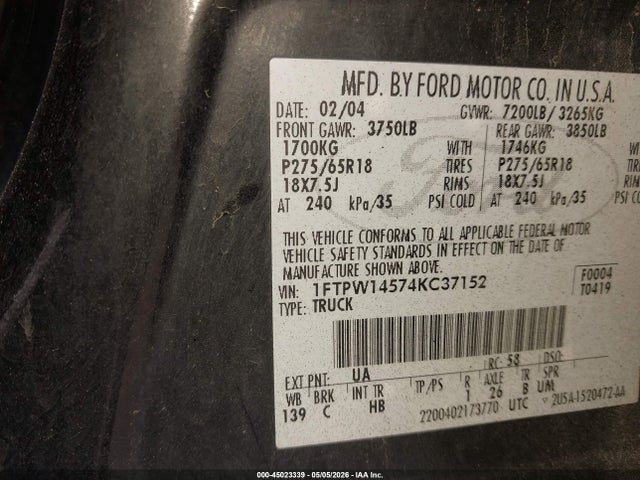 Продажа на аукционе авто 2004 Ford F-150 Fx4/lariat/xlt, vin: 1FTPW14574KC37152, номер лота: 45023339