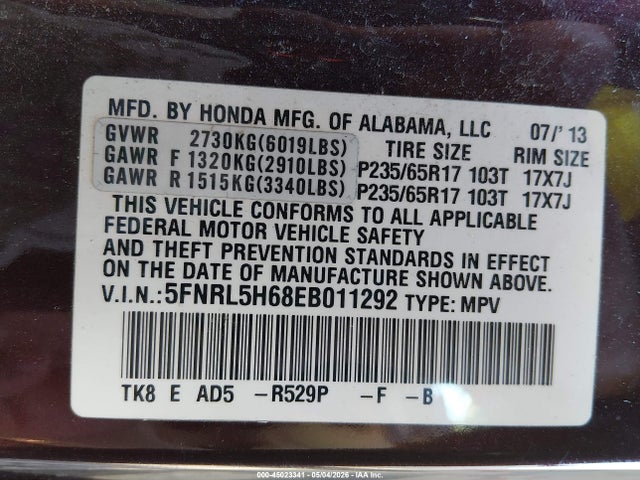 Aukcja sprzedaży 2014 Honda Odyssey Ex-l, vin: 5FNRL5H68EB011292, numer aukcji: 45023341