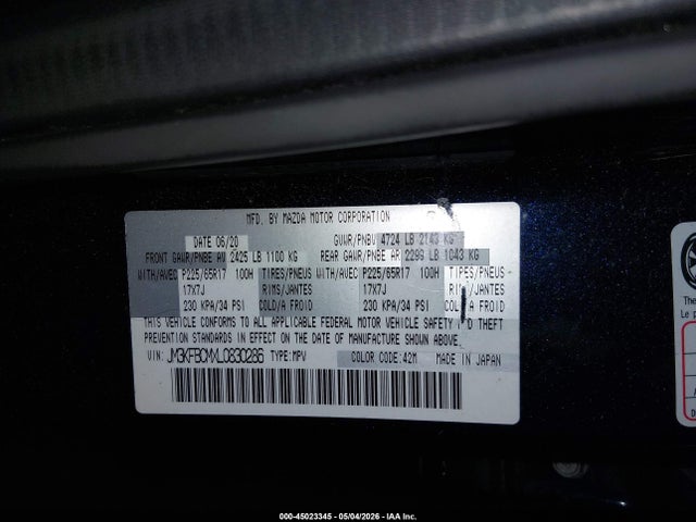 2020 Mazda Cx-5 Touring მანქანა იყიდება აუქციონზე, vin: JM3KFBCMXL0830286, აუქციონის ნომერი: 45023345