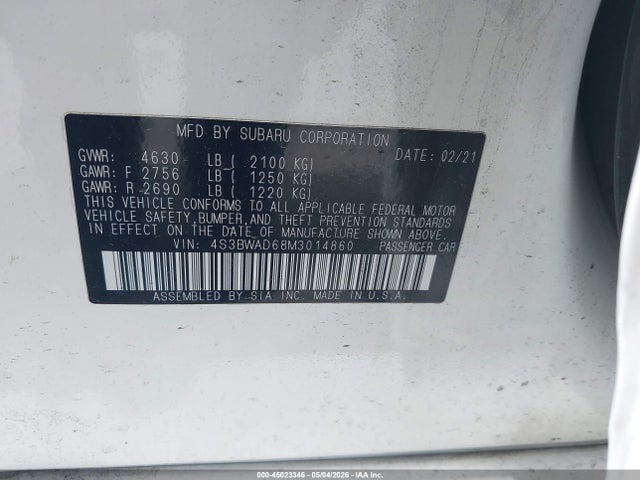 Aukcja sprzedaży 2021 Subaru Legacy Premium, vin: 4S3BWAD68M3014860, numer aukcji: 45023346