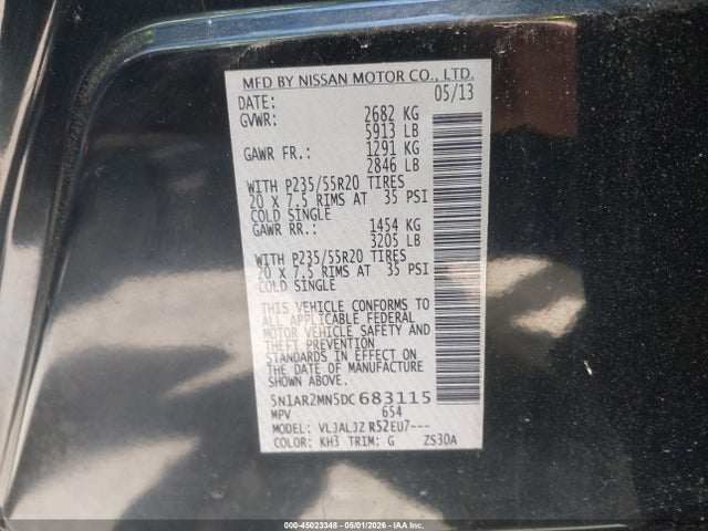 45023348 :رقم المزاد ، 5N1AR2MN5DC683115 vin ، 2013 Nissan Pathfinder Platinum مزاد بيع