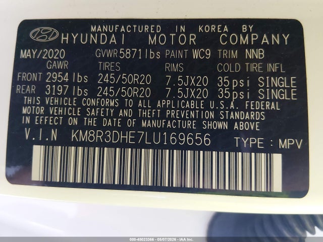 Продаж на аукціоні авто 2020 Hyundai Palisade Sel, vin: KM8R3DHE7LU169656, номер лоту: 45023366
