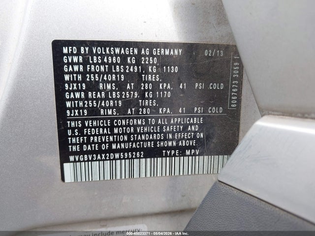 45023371 :رقم المزاد ، WVGBV3AX2DW595262 vin ، 2013 Volkswagen Tiguan Sel مزاد بيع