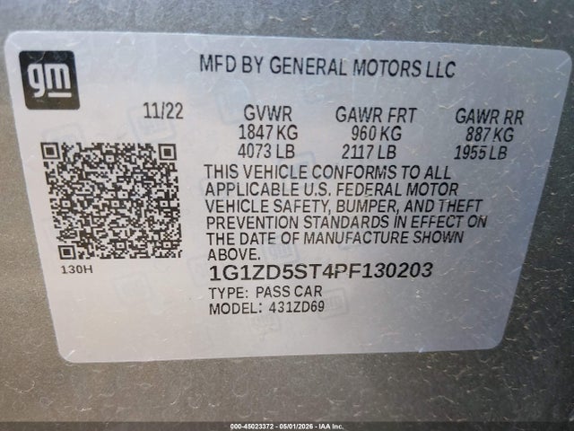 1G1ZD5ST4PF130203 Chevrolet Malibu Fwd 1lt