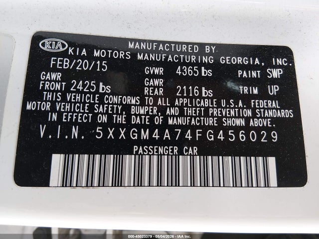 2015 Kia Optima Lx მანქანა იყიდება აუქციონზე, vin: 5XXGM4A74FG456029, აუქციონის ნომერი: 45023379