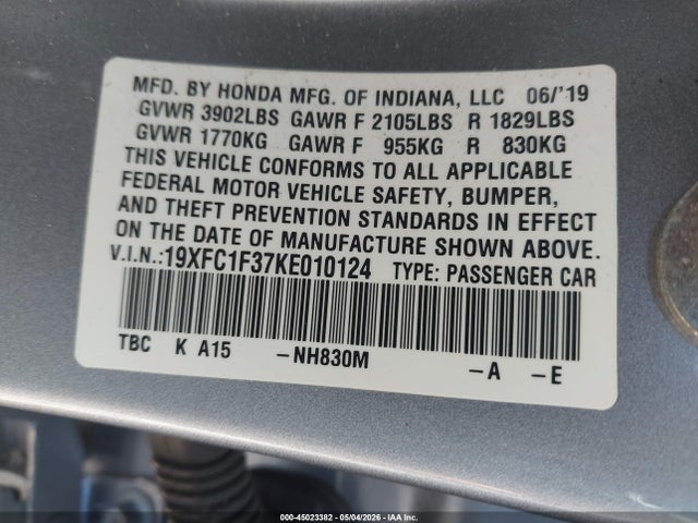 2019 Honda Civic Ex მანქანა იყიდება აუქციონზე, vin: 19XFC1F37KE010124, აუქციონის ნომერი: 45023382