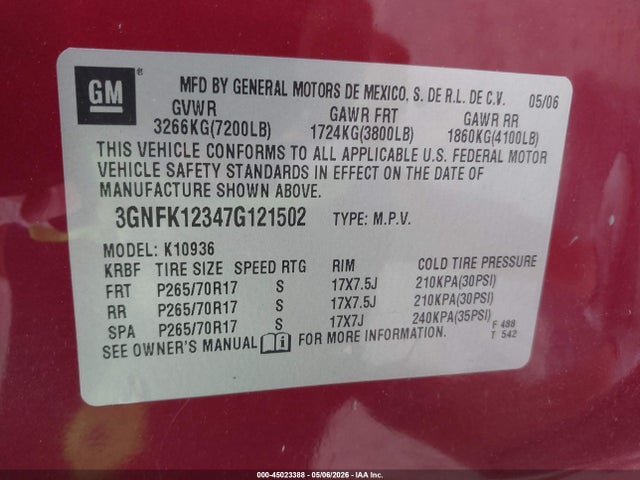 Aukcja sprzedaży 2007 Chevrolet Avalanche 1500 Ls, vin: 3GNFK12347G121502, numer aukcji: 45023388