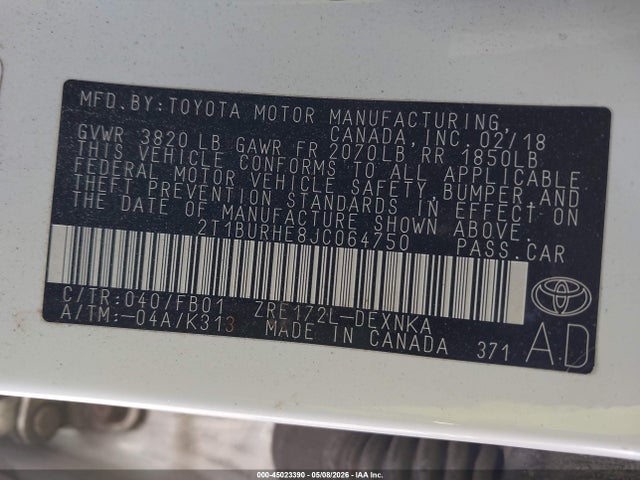 2T1BURHE8JC064750 Toyota COROLLA LE