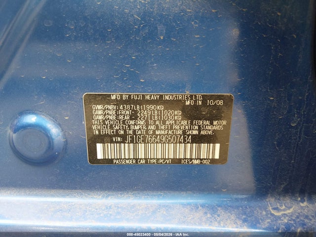 Aukcja sprzedaży 2009 Subaru Impreza Wrx, vin: JF1GE76649G507434, numer aukcji: 45023400