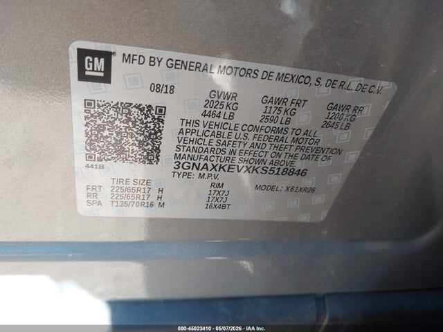 Aukcja sprzedaży 2019 Chevrolet Equinox Lt, vin: 3GNAXKEVXKS518846, numer aukcji: 45023410
