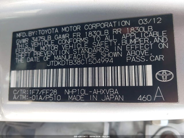 45023411 :رقم المزاد ، JTDKDTB38C1504994 vin ، 2012 Toyota Prius C Two مزاد بيع