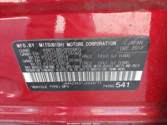 Aukcja sprzedaży 2018 Mitsubishi Outlander Se, vin: JA4AZ3A31JZ033777, numer aukcji: 45023415