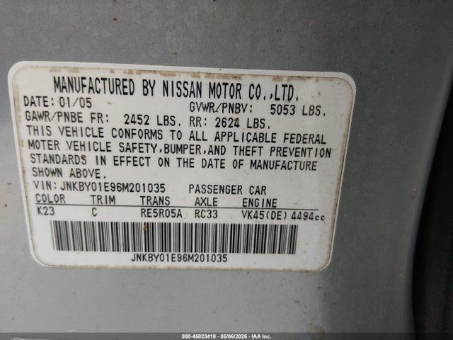 Aukcja sprzedaży 2006 Infiniti M45, vin: JNKBY01E96M201035, numer aukcji: 45023418