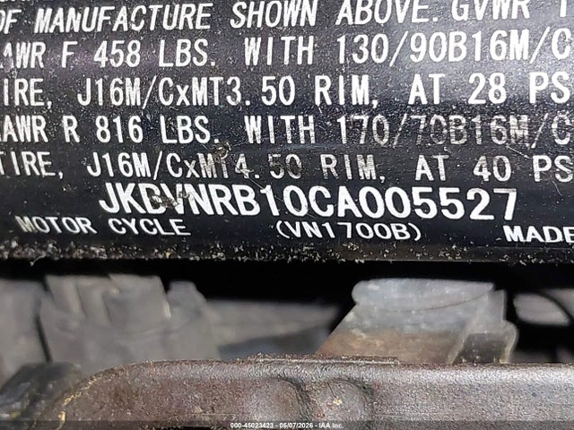45023423 :رقم المزاد ، JKBVNRB10CA005527 vin ، 2012 Kawasaki Vn1700 B مزاد بيع