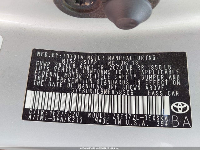 2019 Toyota Corolla Se მანქანა იყიდება აუქციონზე, vin: 5YFBURHE9KP858206, აუქციონის ნომერი: 45023426