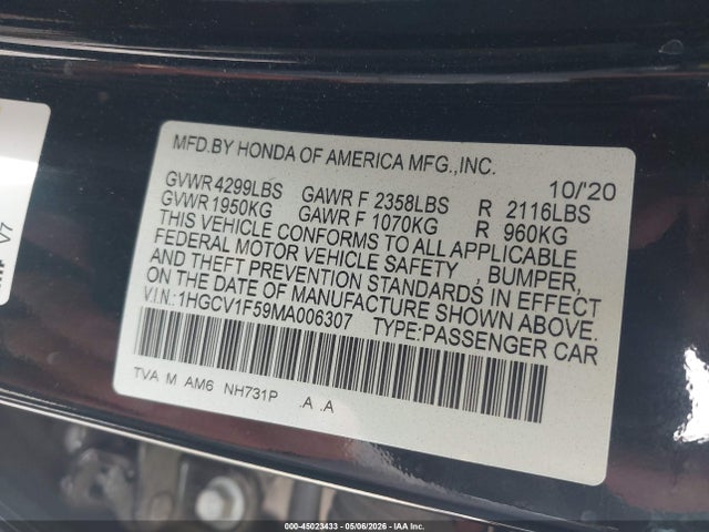 1HGCV1F59MA006307 Honda Accord Ex-l