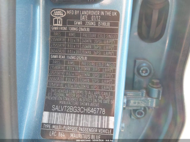 Aukcja sprzedaży 2012 Land Rover Range Rover Evoque Pure Plus, vin: SALVT2BG3CH646778, numer aukcji: 45023440