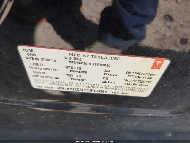 Aukcja sprzedaży 2018 Tesla Model X 100d/75d/p100d, vin: 5YJXCAE23JF104989, numer aukcji: 45023451
