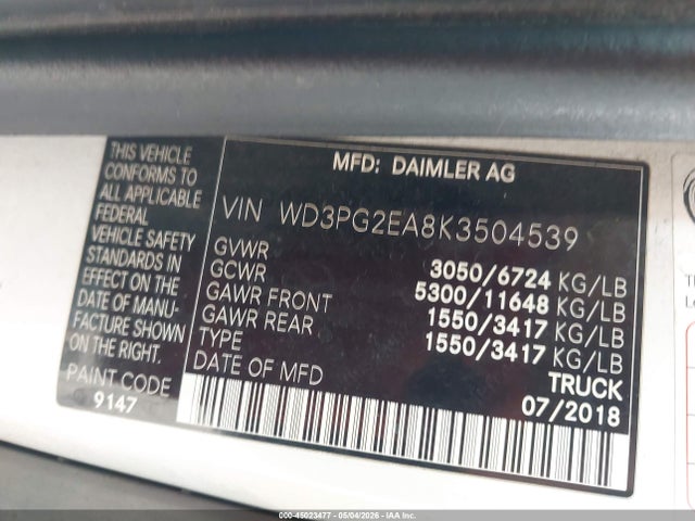 Aukcja sprzedaży 2019 Mercedes-benz Metris, vin: WD3PG2EA8K3504539, numer aukcji: 45023477