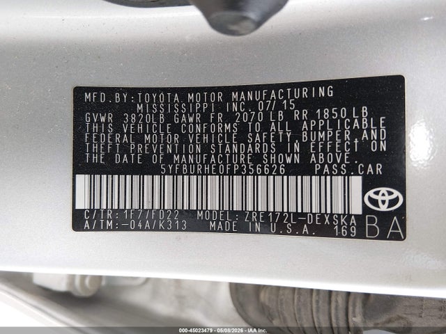 Продаж на аукціоні авто 2015 Toyota Corolla S Plus, vin: 5YFBURHE0FP356626, номер лоту: 45023479