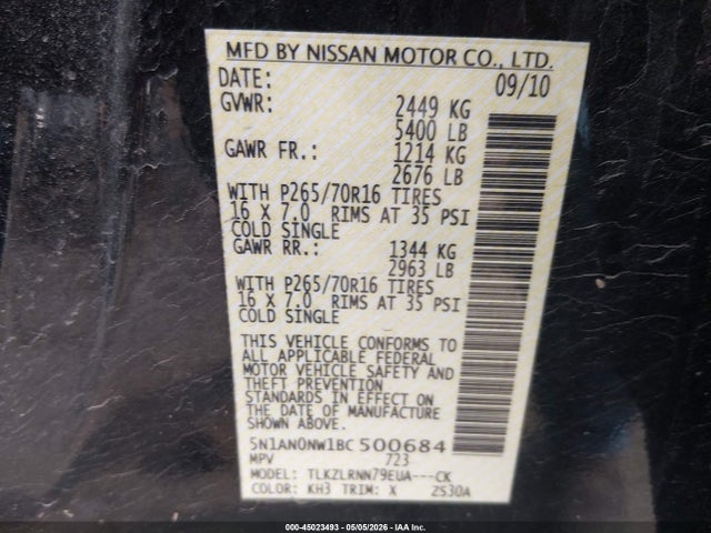 2011 Nissan Xterra S მანქანა იყიდება აუქციონზე, vin: 5N1AN0NW1BC500684, აუქციონის ნომერი: 45023493