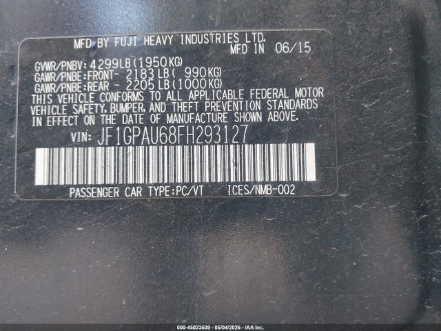 45023509 :رقم المزاد ، JF1GPAU68FH293127 vin ، 2015 Subaru Impreza 2.0i Sport Premium مزاد بيع