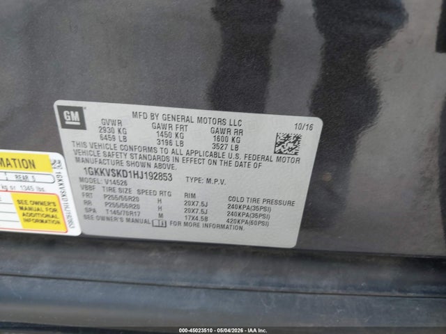 45023510 :رقم المزاد ، 1GKKVSKD1HJ192853 vin ، 2017 Gmc Acadia Limited مزاد بيع