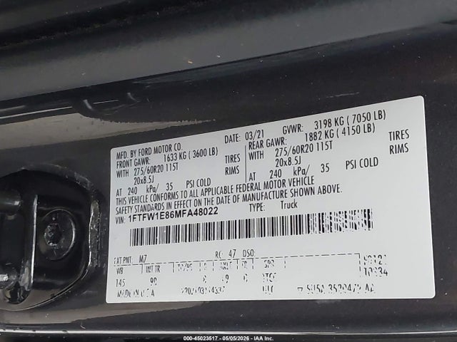 45023517 :رقم المزاد ، 1FTFW1E86MFA48022 vin ، 2021 Ford F-150 Platinum مزاد بيع