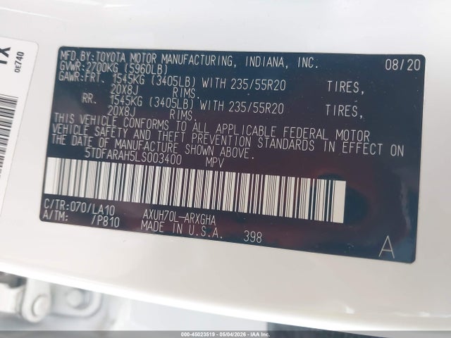 Aukcja sprzedaży 2020 Toyota Highlander Hybrid Platinum, vin: 5TDFARAH5LS003400, numer aukcji: 45023519