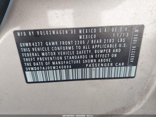 45023525 :رقم المزاد ، 3VWD07AJ0EM240894 vin ، 2014 Volkswagen Jetta 1.8t Se مزاد بيع