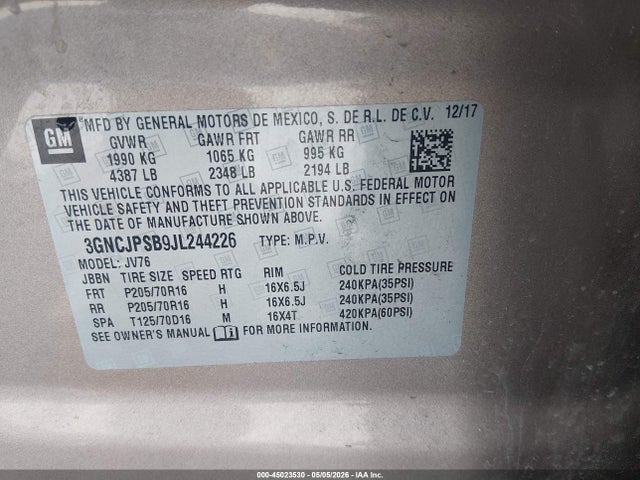 Aukcja sprzedaży 2018 Chevrolet Trax Lt, vin: 3GNCJPSB9JL244226, numer aukcji: 45023530