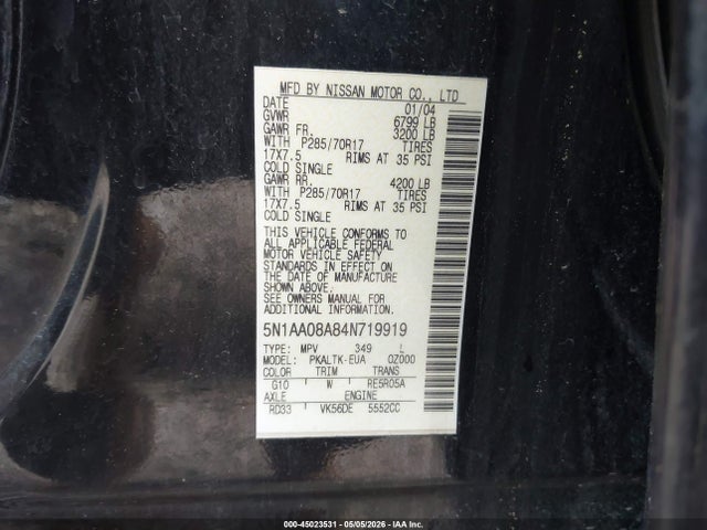 2004 Nissan Pathfinder Armada Se Off-road მანქანა იყიდება აუქციონზე, vin: 5N1AA08A84N719919, აუქციონის ნომერი: 45023531