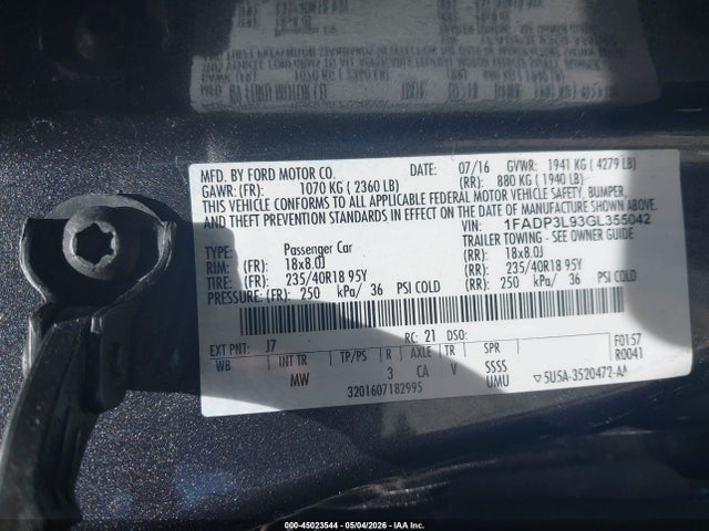 45023544 :رقم المزاد ، 1FADP3L93GL355042 vin ، 2016 Ford Focus St مزاد بيع