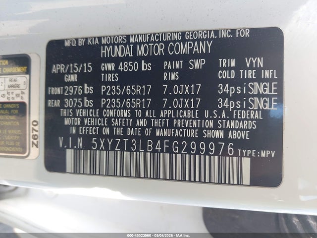 Aukcja sprzedaży 2015 Hyundai Santa Fe Sport 2.4l, vin: 5XYZT3LB4FG299976, numer aukcji: 45023560