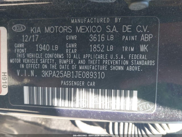 Продажа на аукционе авто 2018 Kia Rio S, vin: 3KPA25AB1JE089310, номер лота: 45023562