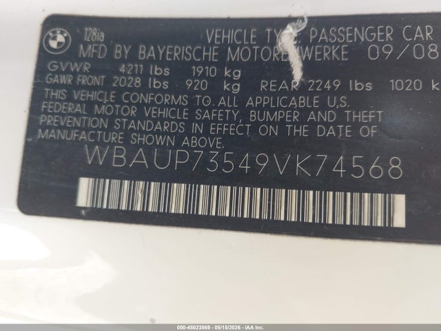 Aukcja sprzedaży 2009 Bmw 128i, vin: WBAUP73549VK74568, numer aukcji: 45023569