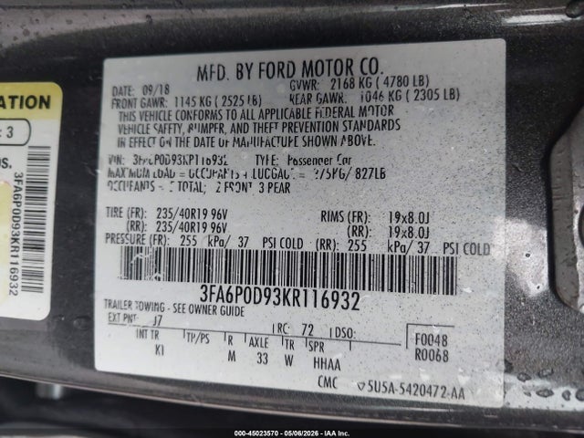 45023570 :رقم المزاد ، 3FA6P0D93KR116932 vin ، 2019 Ford Fusion Titanium مزاد بيع