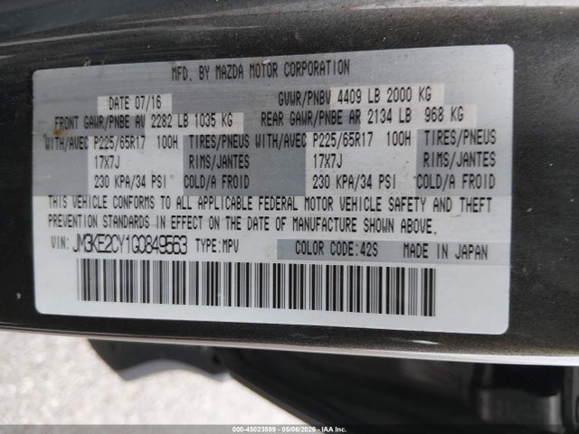 Продажа на аукционе авто 2016 Mazda Cx-5 Touring, vin: JM3KE2CY1G0849563, номер лота: 45023599