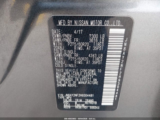 2017 Nissan Armada Platinum მანქანა იყიდება აუქციონზე, vin: JN8AY2NF2H9304481, აუქციონის ნომერი: 45023602